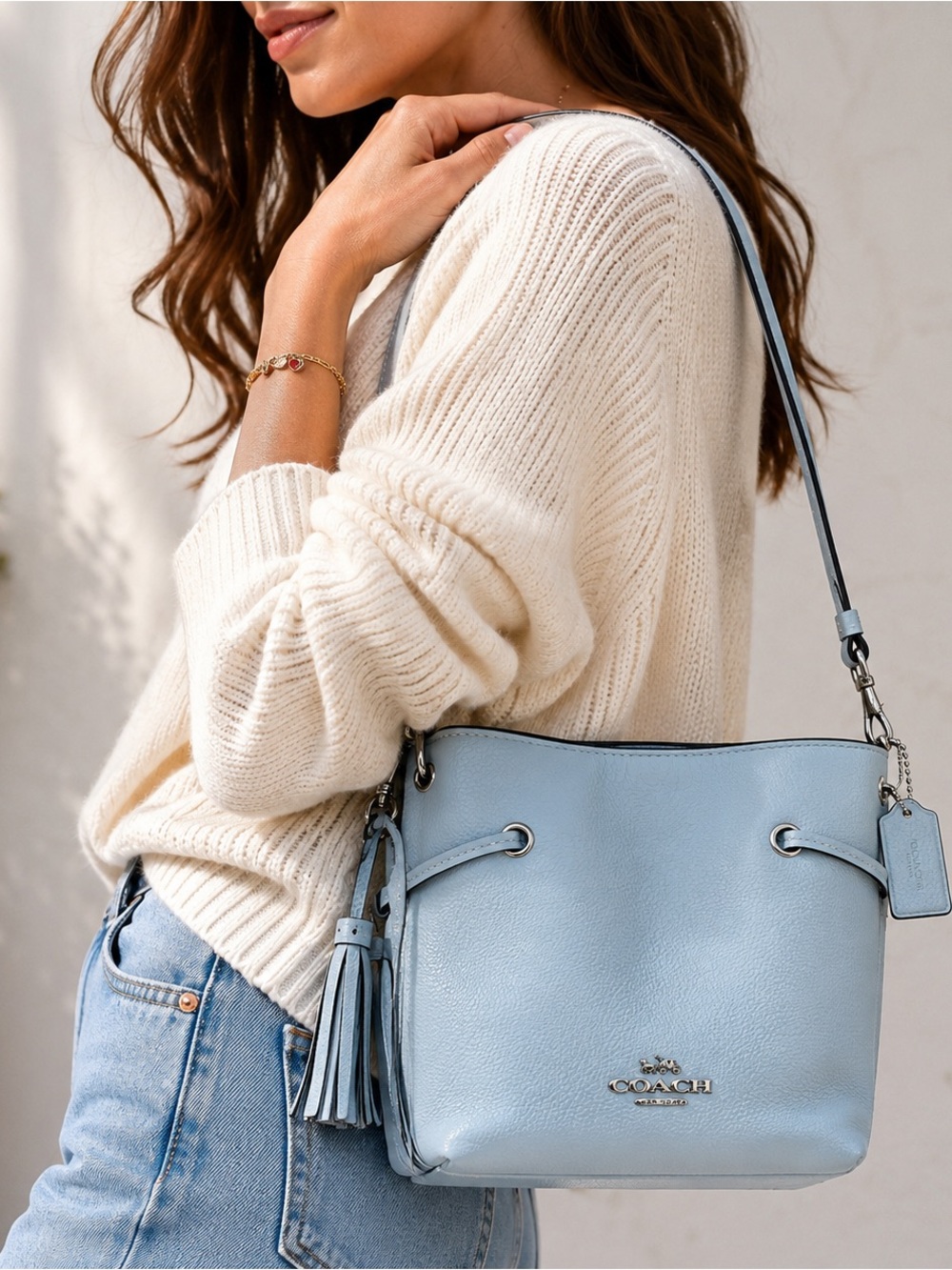 Coach Pebble Leather Drawstring Bucket Bag - Pale Blue